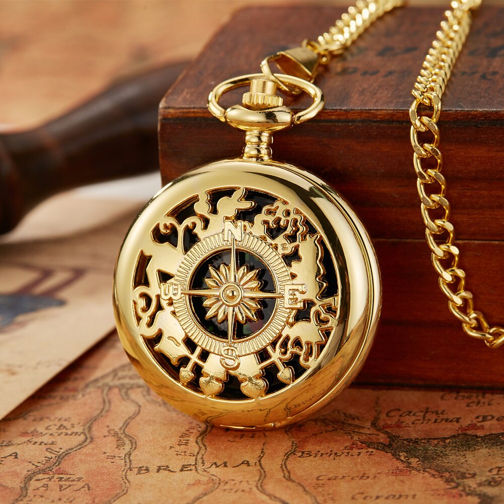 Aankomst Kompas Goud Bruin Retro Hollow Quartz Zakhorloge Fob Hanger Chain