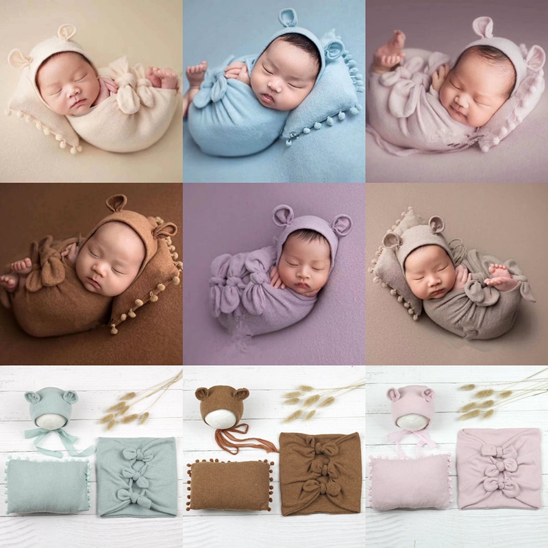 Pasgeboren Fotografie Kleding Baby Hat + Wrap + Kussen 3 Stks/set Baby Photo Props Pasgeboren Fotografie Props Accessoires Fotografia
