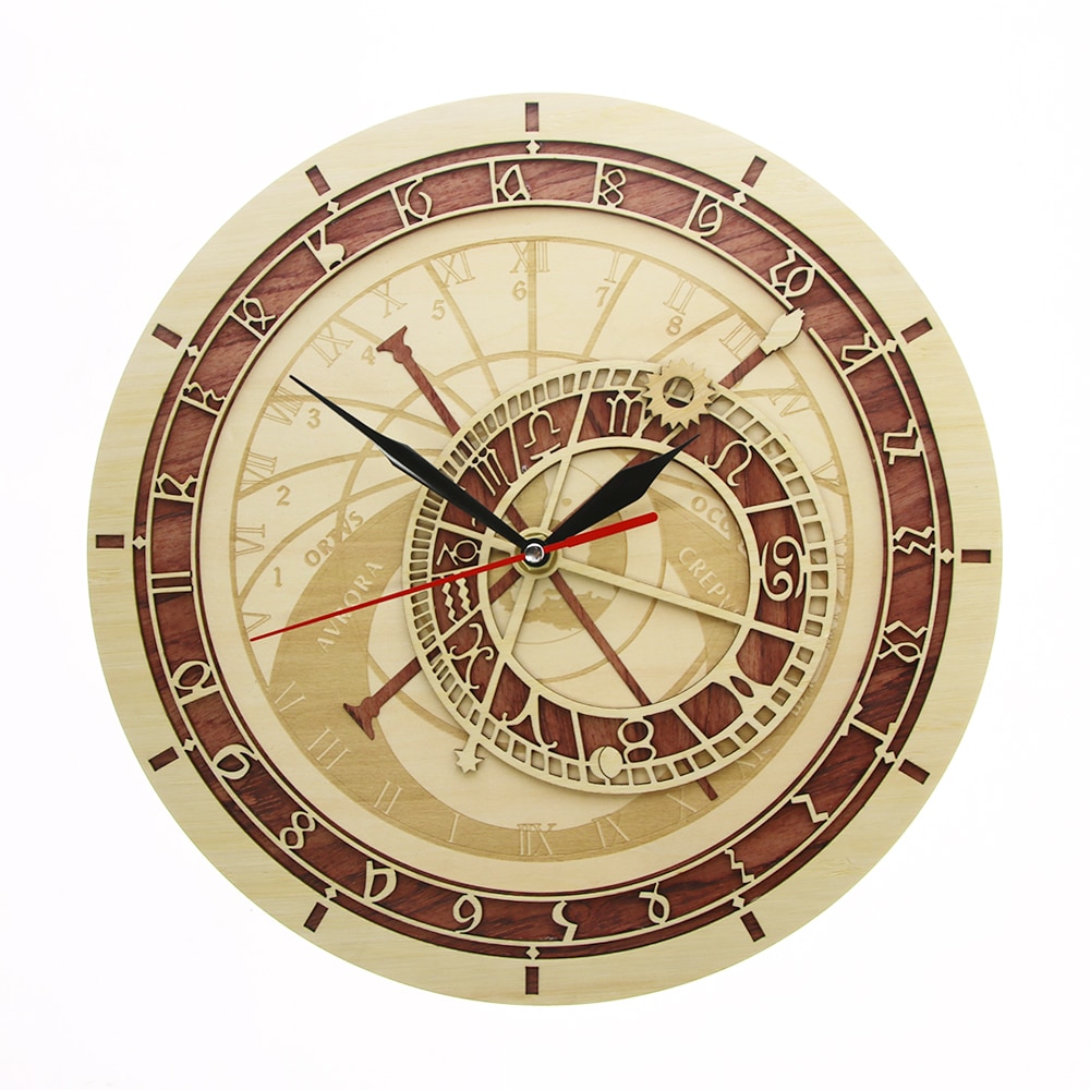 Czech Republic Prague Astronomical Wood Clock Rustic Astrology Sweep Quartz Round Watch Medieval Astronomy Eco Friendly Horloge