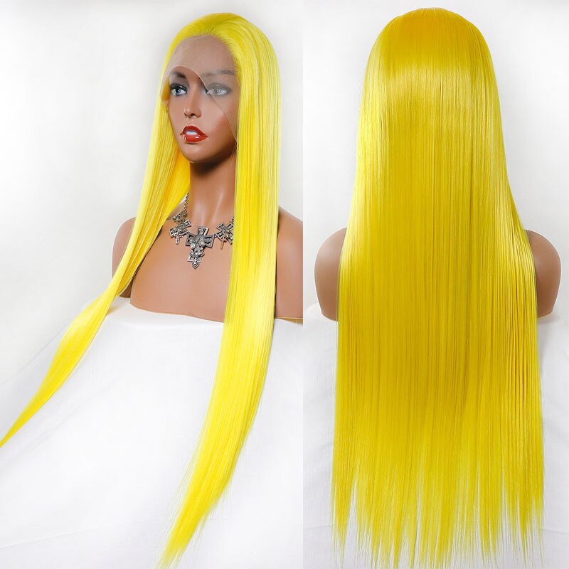 Bombshell gul 13*3 syntetiske blonder front paryk naturlig lige hårgrænse klistermærke varmebestandig fiber, dame paryk