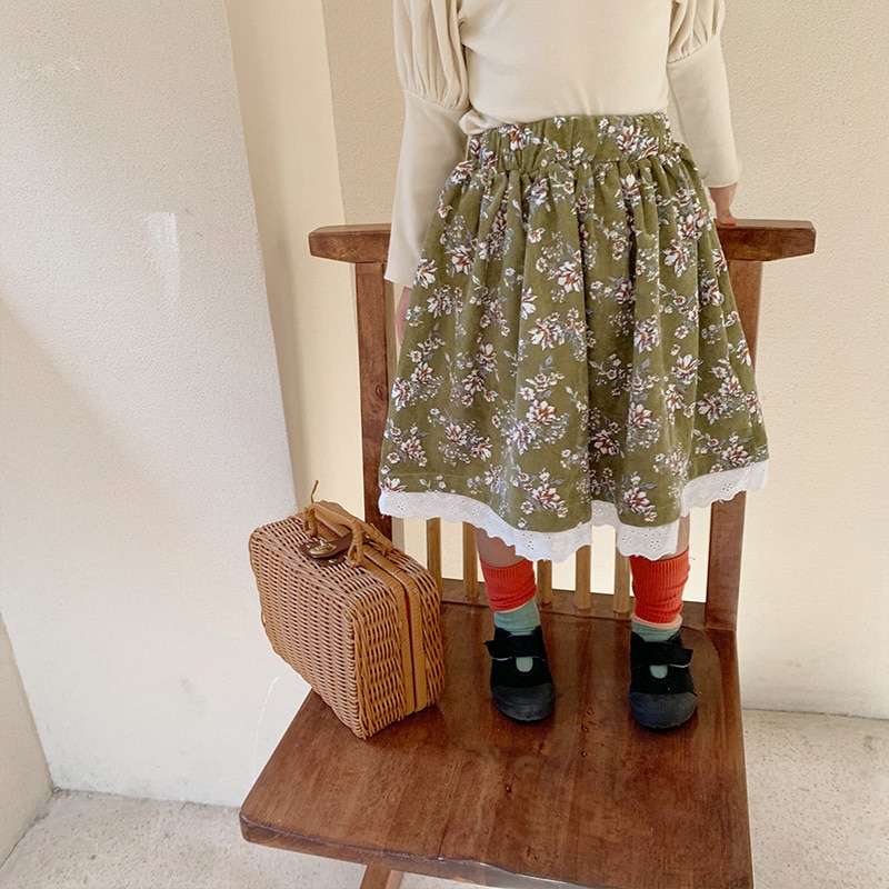 Flickor höstkjol bomull stil spets barn blommiga kjolar liten flicka prinsess kjol småbarn barn ledig tyg: Grön / 130cm