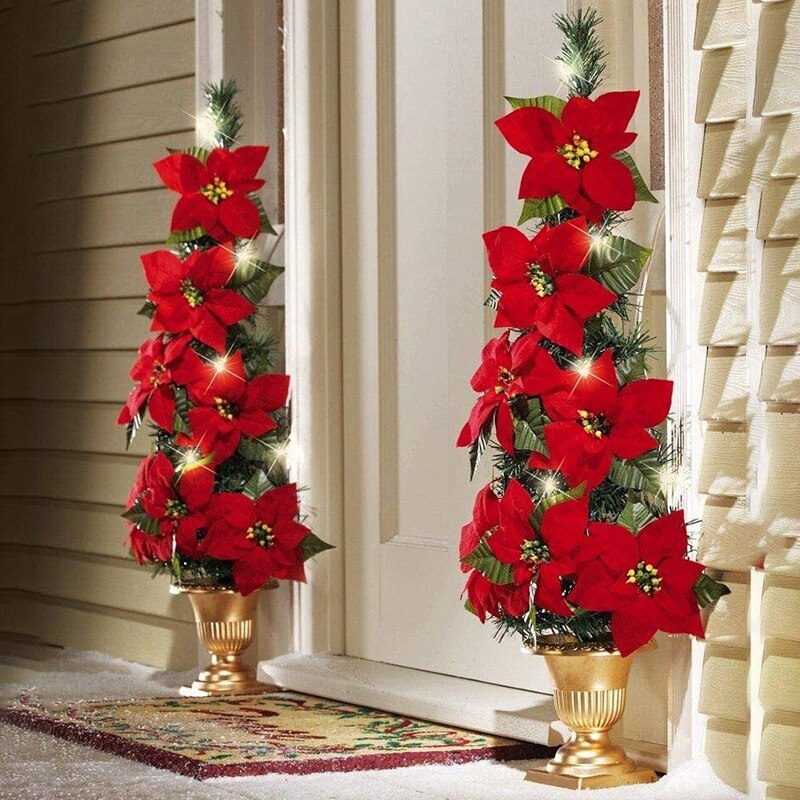 2Pcs Artificial Christmas Poinsettia Garland with Holly Leaves and Berries for Christmas Party Front Door Wreath Decor