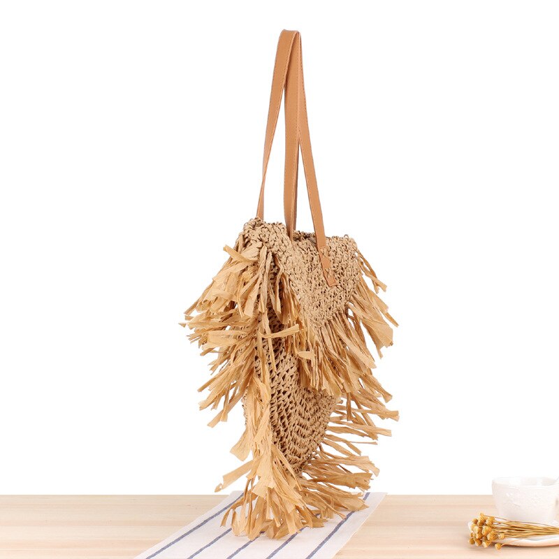 Bohemian Hollow Stro Kwastje Vrouwen Schoudertassen Rieten Rotan Geweven Crossbody Tassen Zomer Strand Halve Zak Dame Handtas