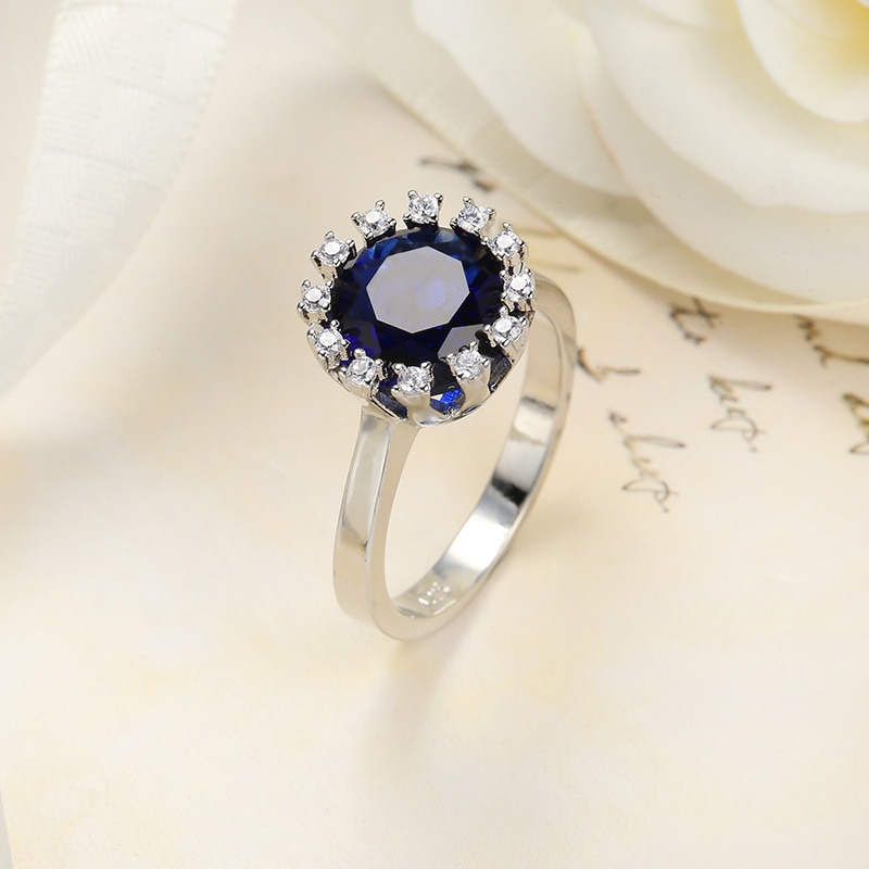 Anillo de compromiso de Color plata auténtica para mujer, joyería de boda, 1Ct, azul, CZ