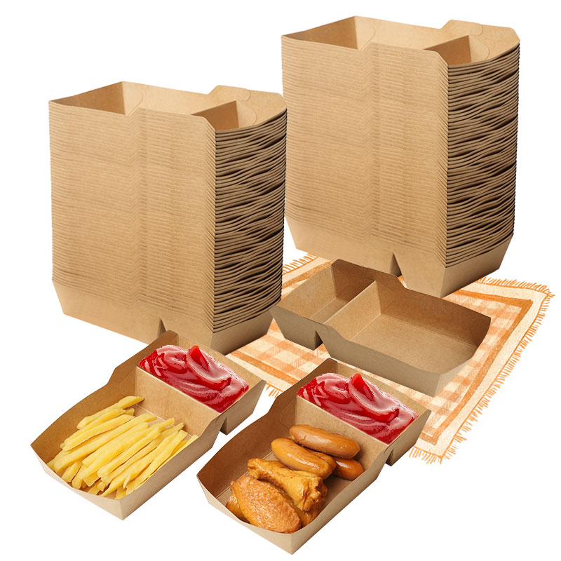 Vassoi di carta per alimenti Barche spuntino Nacho Contenitore fritto Scatole da asporto Vassoio per patatine fritte Vassoio per spuntino usa e getta in carta kraft Vassoi per alimenti