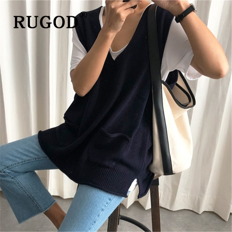 Rugod Herfst Winter Stijl Chic Vintage Effen Kleur Split Vest V-hals Gebreide Trui Mode Kpop Kleding Plus Size