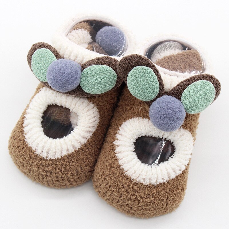 Calcetines gruesos de dibujos animados para niños y niñas, medias suaves y antideslizantes, para primavera y otoño: Brown / 0-1T