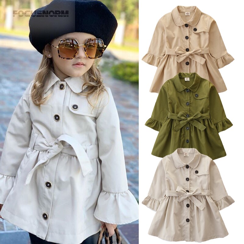 Fall Spring Kids Girls Trench Coat Solid Girls British Style Single-breasted Long-sleeved Trench Cardigan Clothes