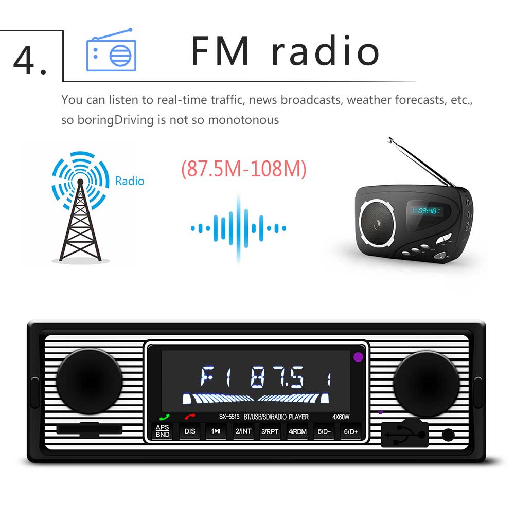 12V-24V 1 Din Car Radio Bluetooth Vintage SD/ TF Card Car Radio MP3 Player Stereo USB AUX Classic Audio Vehicle Integrated