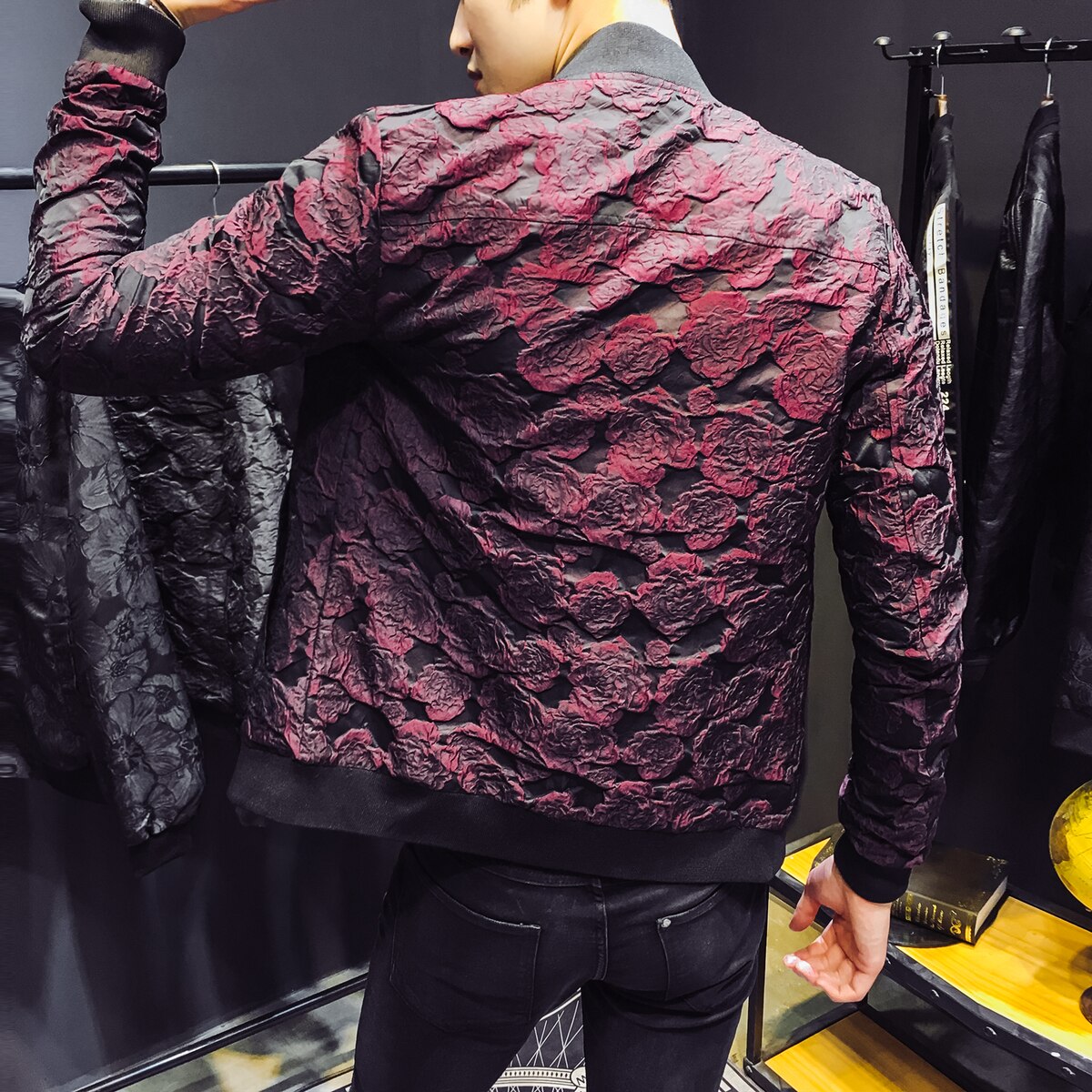 Autumn Jacquard Bomber Jackets Men Luxury Wine Red Black Grey Party Jacket Outfit Club Bar Coat Men Casaca Hombre 4XL