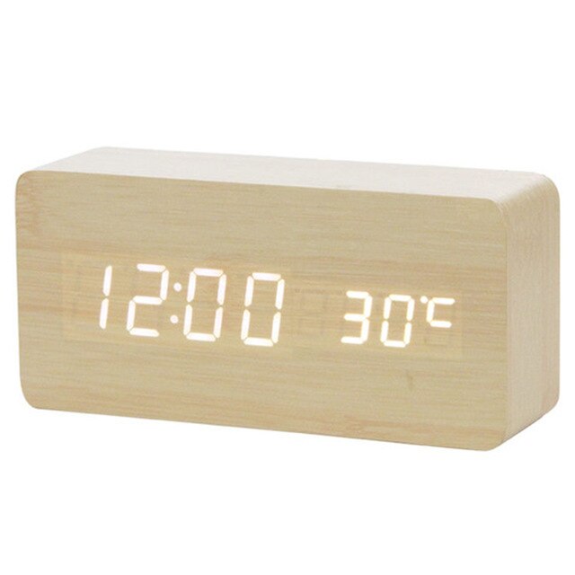 LED Wooden Alarm Clock Desktop Watch Voice Control Temperature Humidity Living Room Display Desk Alarm Clocks Home Decor: Bamboo Wood white N