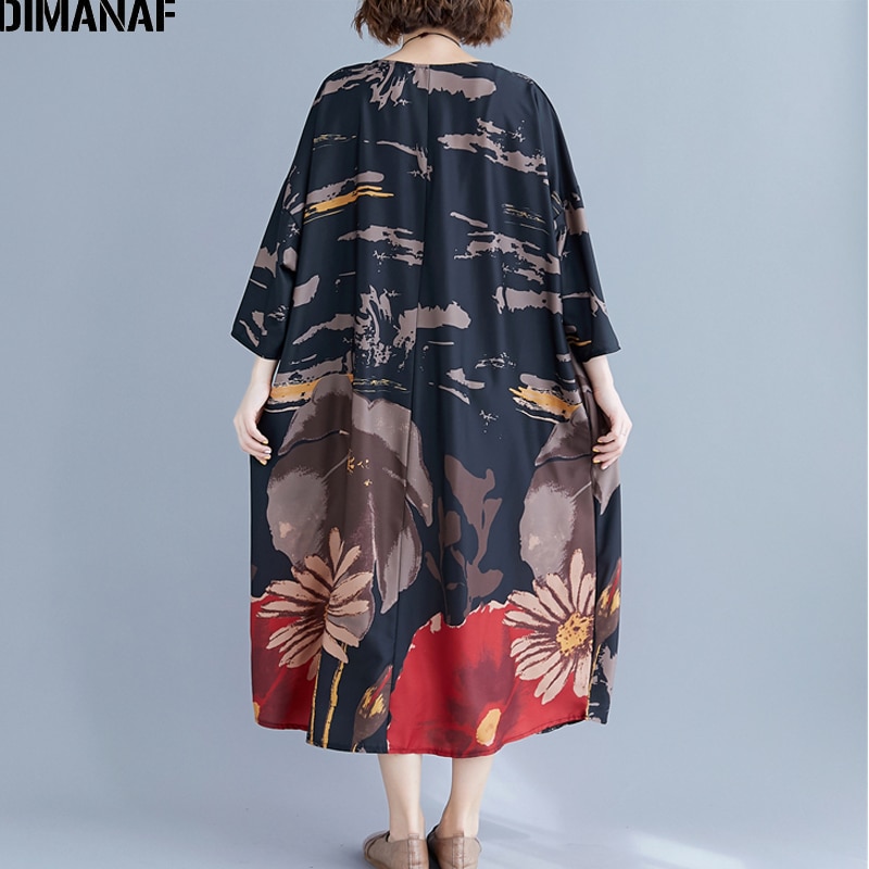 DIMANAF Plus Size Vrouwen Jurk Print Herfst Vintage Vestidos Chinese Stijl Elegante Vrouwelijke Lady Lange Mouwen Oversize Losse Jurk