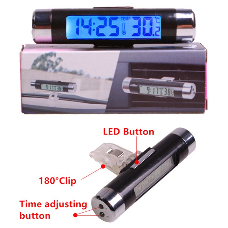Portable Car Digital Clock & Car Thermometer 2 In 1 Digital Display Car Clock Thermometer Automotive Blue Backlight With Clip