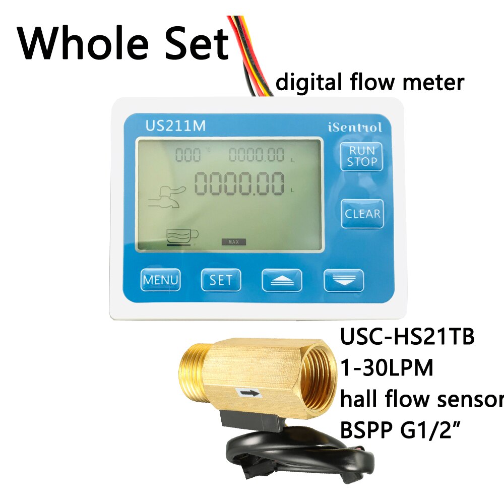 Us211m vandflowmåler hall vandstrømssensorlæser med messing usc -hs21tb 1-30l/ min hall vandflowmåler: Hele sæt