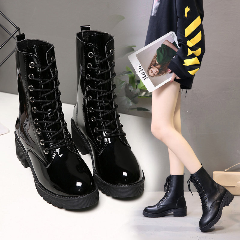 Mi-mollet en cuir japonais botines femme plate-forme moto bottes croisées automne hiver bottes courtes gros creepers