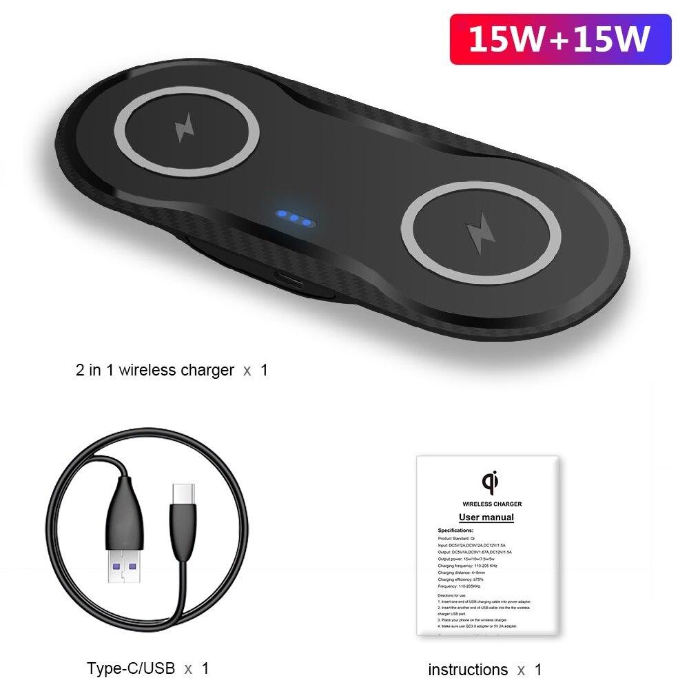 30W Dual Wireless Charger Pad - 2-in-1 Qi Fast Charging for iPhone 12/11/XS/XR/X/8, AirPods Pro, Samsung S20/S10: Style B 30W