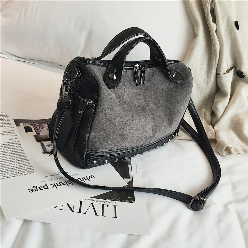 TTOU Women Suede Rivet Handbags Vintage Large Capacity Shopping Bag Casual Daily Tote Bag Female Shoulder Bag Soft Bolsas: grey
