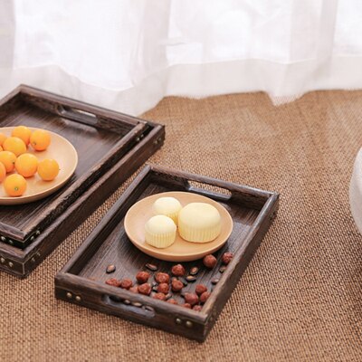 Japanese Style Paulownia Wood Serving Tea Tray Fruit or Food Tray Metal Edge Rectangular Solid Wood: Small 31X20X4CM