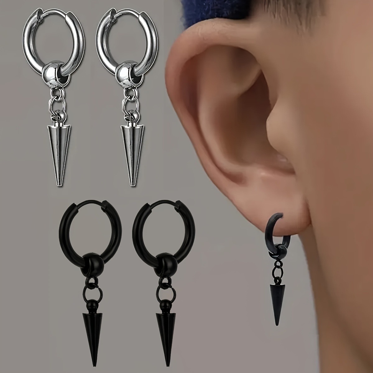 1 par de pendientes colgantes de cono de acero inoxidable a la para hombre, pendientes colgantes de estilo Retro Punk Hip-hop para hombre