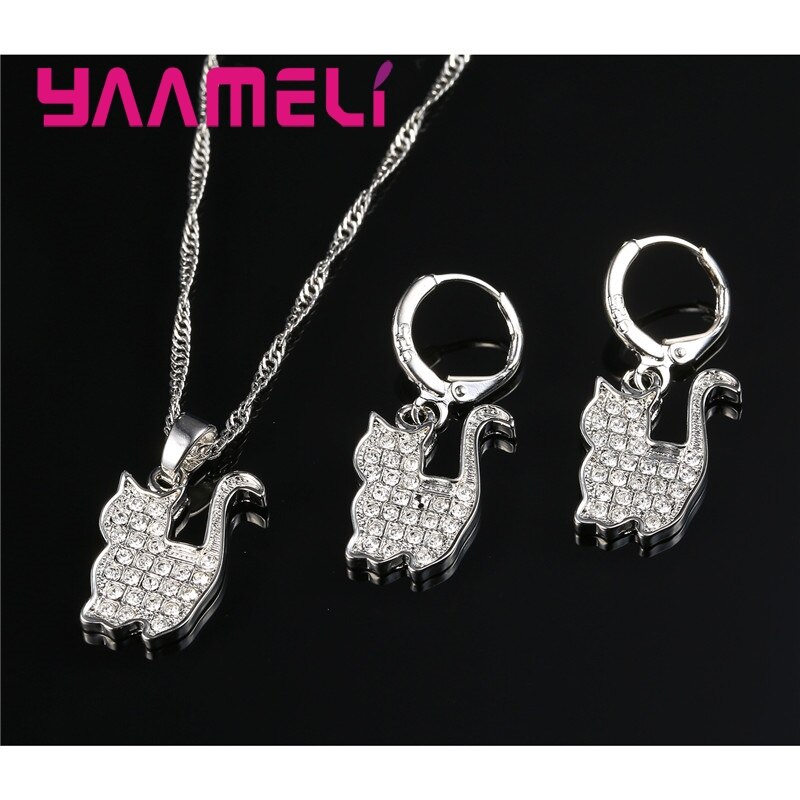 Ensemble de bijoux en argent Sterling 925, pendentifs chat persan mignon, boucles d'oreilles en Zircon cubique scintillant, pour femmes et filles