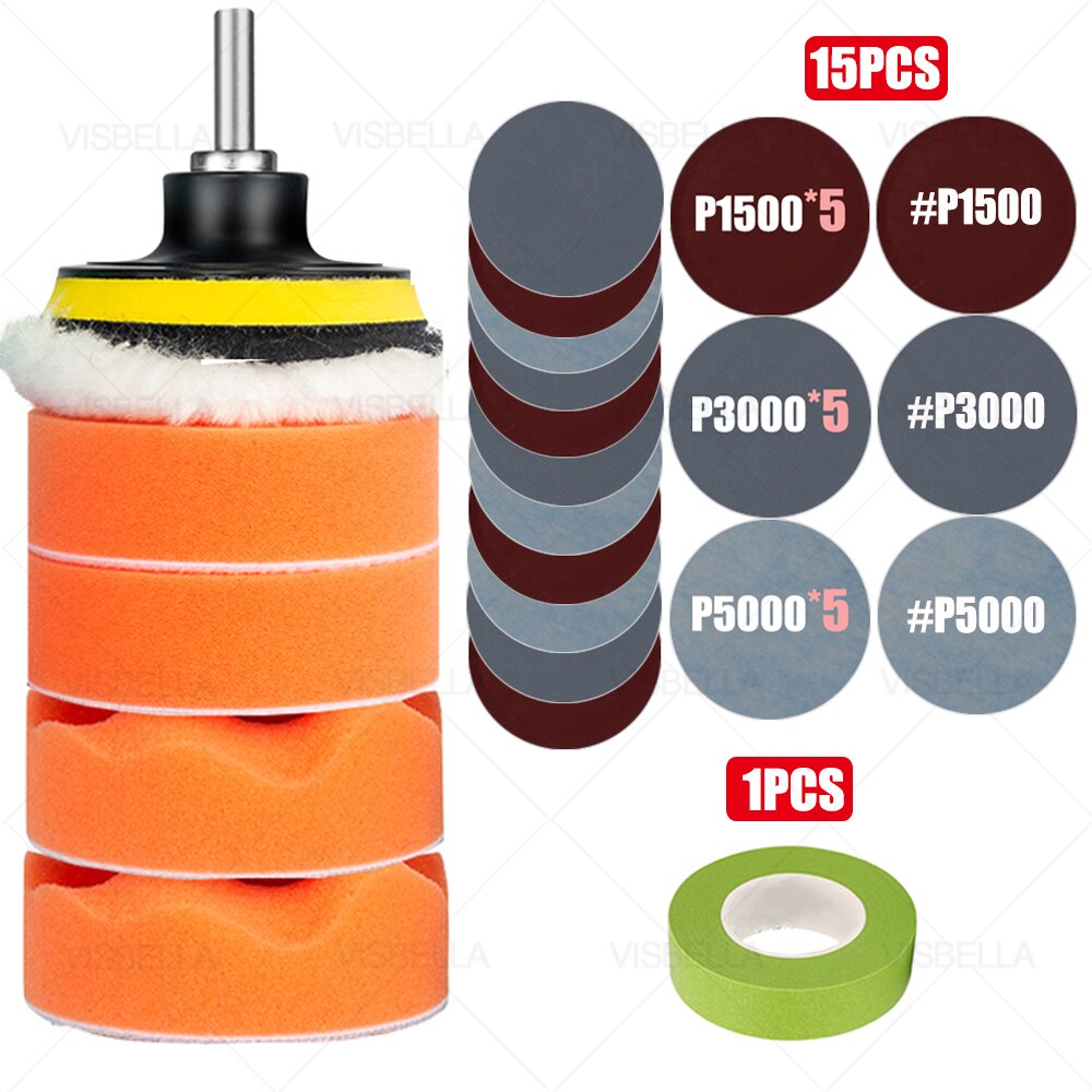 3Inch Car Polishing Kit Sponge Foam Pad Auto Headlight Wheel Polisher Polishing Refurbish Abrasive Disc Sandpaper Buffing Pads: package 17