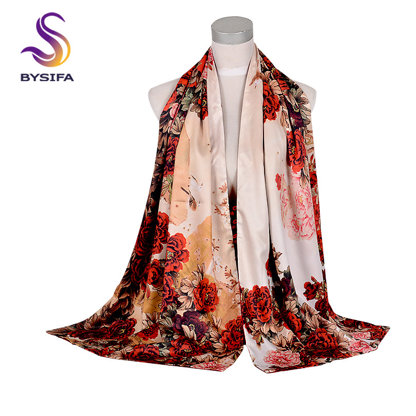 [bysifa] herfst winter lange sjaals omslagdoeken dames rozen halssjaal dubbelzijdige knopen sjaals omslagdoeken 175*50cm: Roodbeige