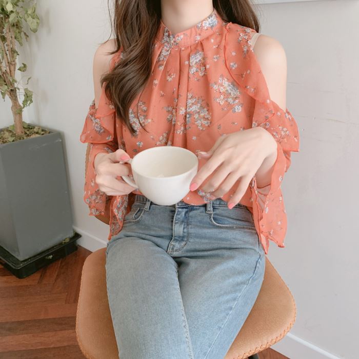 Off shoulder chica toppar utsvängda ärmar söta söta tjejer kvinnor flhjlwoc japansk korea stil blommig ihålig volang blus: Orange / S