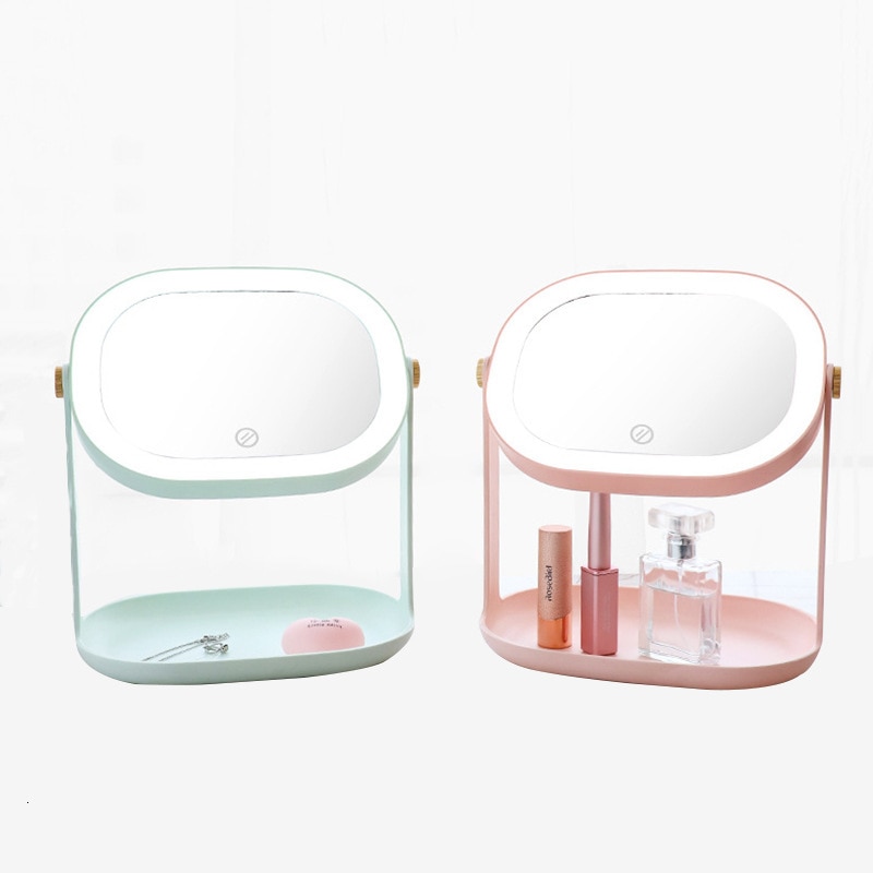 Commode rose miroir de maquillage Double face avec lumières 360 degrés rotation LED miroir de beauté Usb stockage de puissance miroir de gradation