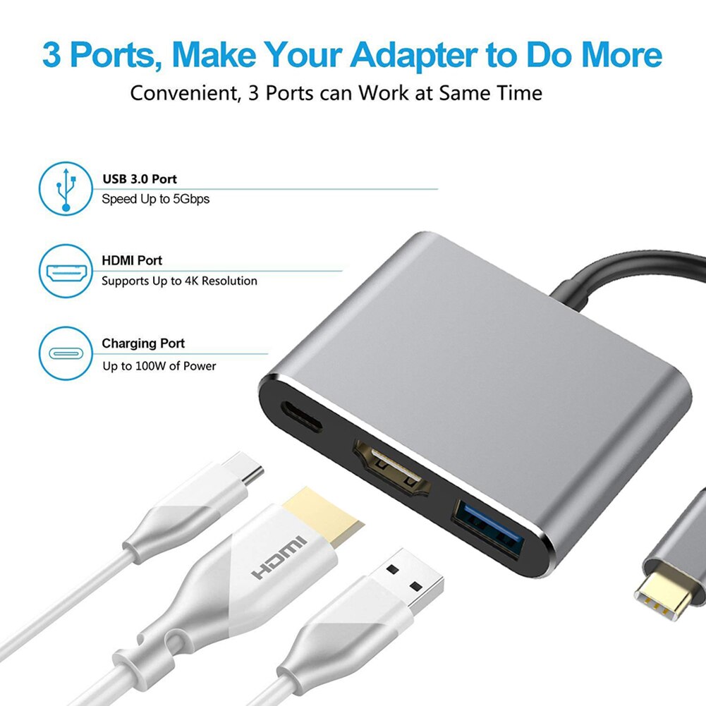 Tragbare 3 in 1 USB 3,1 Hub Konverter Klassische Farben Einfache Dauerhafte USB 3,0 Typ-C PD Ladung 4K HDMI Adapter