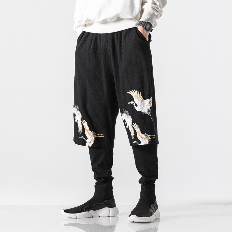 Style chinois traditionnel Kung Fu hommes sarouel Tai Chi coton lin grue imprimer japonais samouraï décontracté pantalon de Jogging en vrac