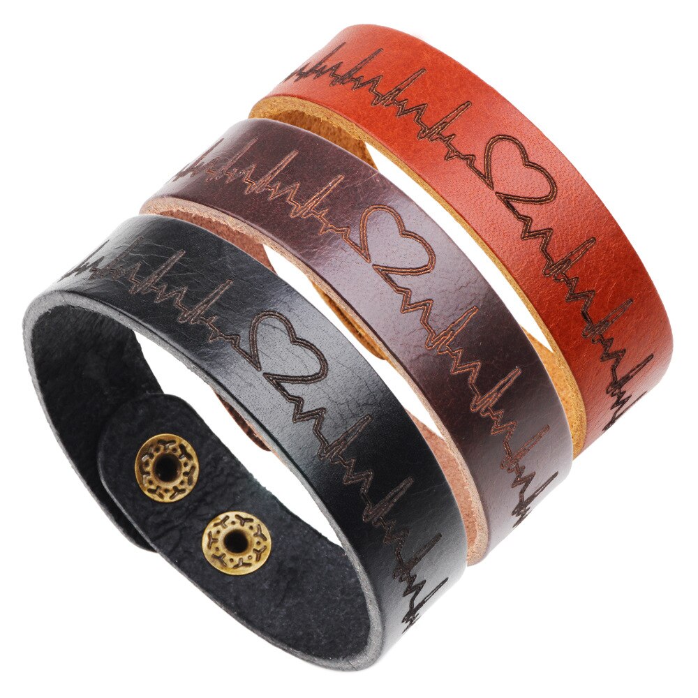 Charmsmic heren brede leren armbanden met ecg-hartpatroon voor geliefden, koppels, verjaardagen en bruiloften.