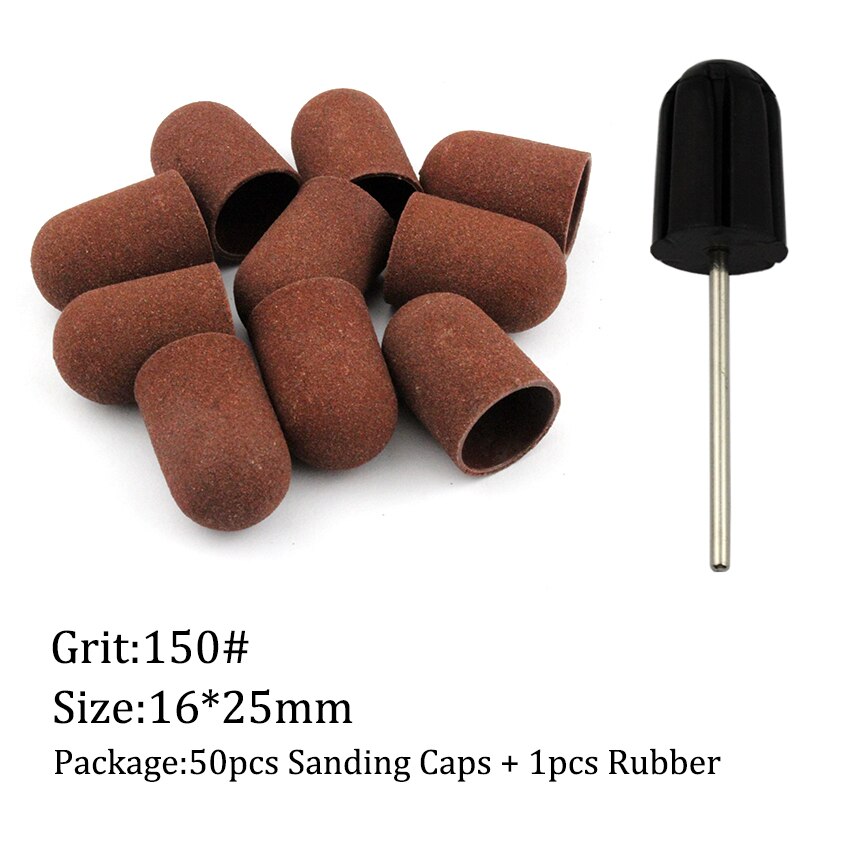 50Pcs/Set 150# Grit Nail Sanding Caps Rubber Grip Pedicure Polishing Sand Block Electric Drill Accessories Bit Manicure Tools