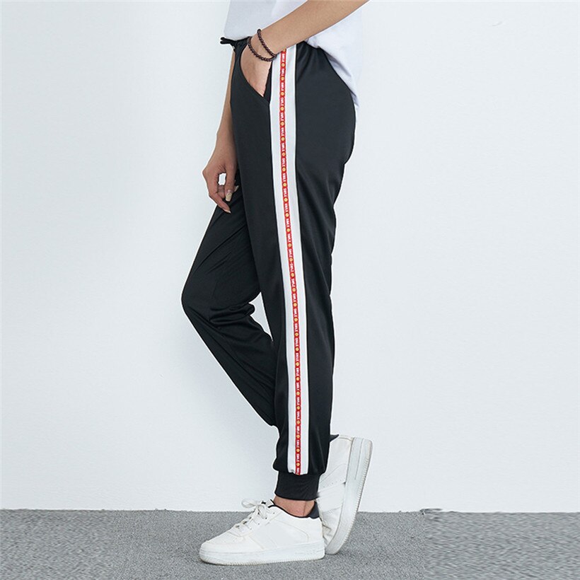 Sports Running Pants Striped Print Women Training Pants Mid-Waist Fitness Sports Pants Women Pantalon Deportivo Mujer 0907: Black / XL