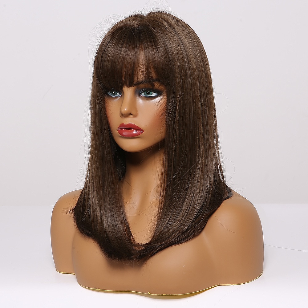 ALAN EATON Medium Bob Straight Hair Wig with Bangs Black Brown Synthetic Wigs with Highlights for Women African American Cosplay
