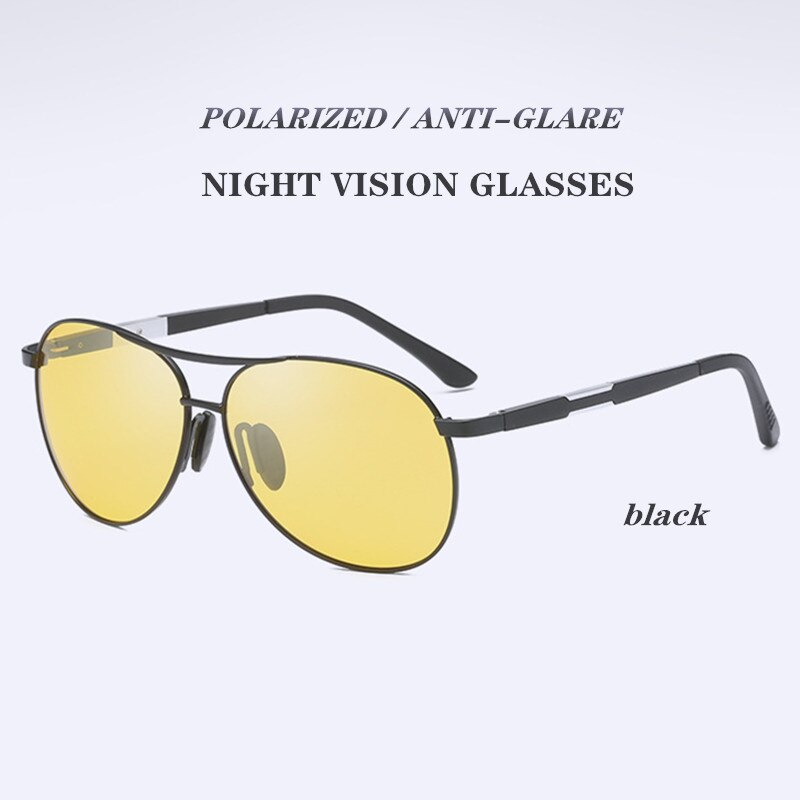 Kaixing aluminium luftfart antirefleks kørsel solbriller mænd kvinder vintage gule nattesyn briller polariseret skygge briller: Sort