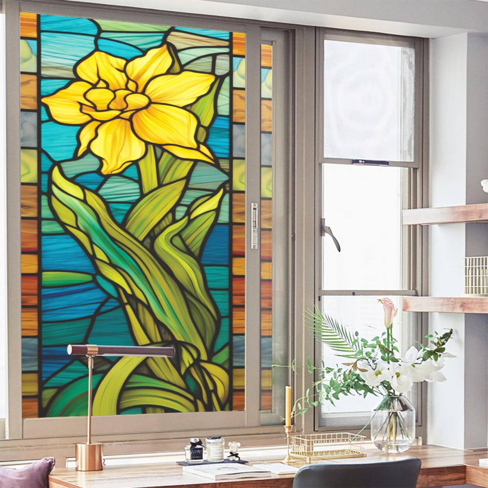 Película esmerilada para ventana de vidrieras, película para ventana floral adhesiva estática, calcomanías para ventana de vidrio de baño no adhesivas para ventanas, 17,7 "x: Azul