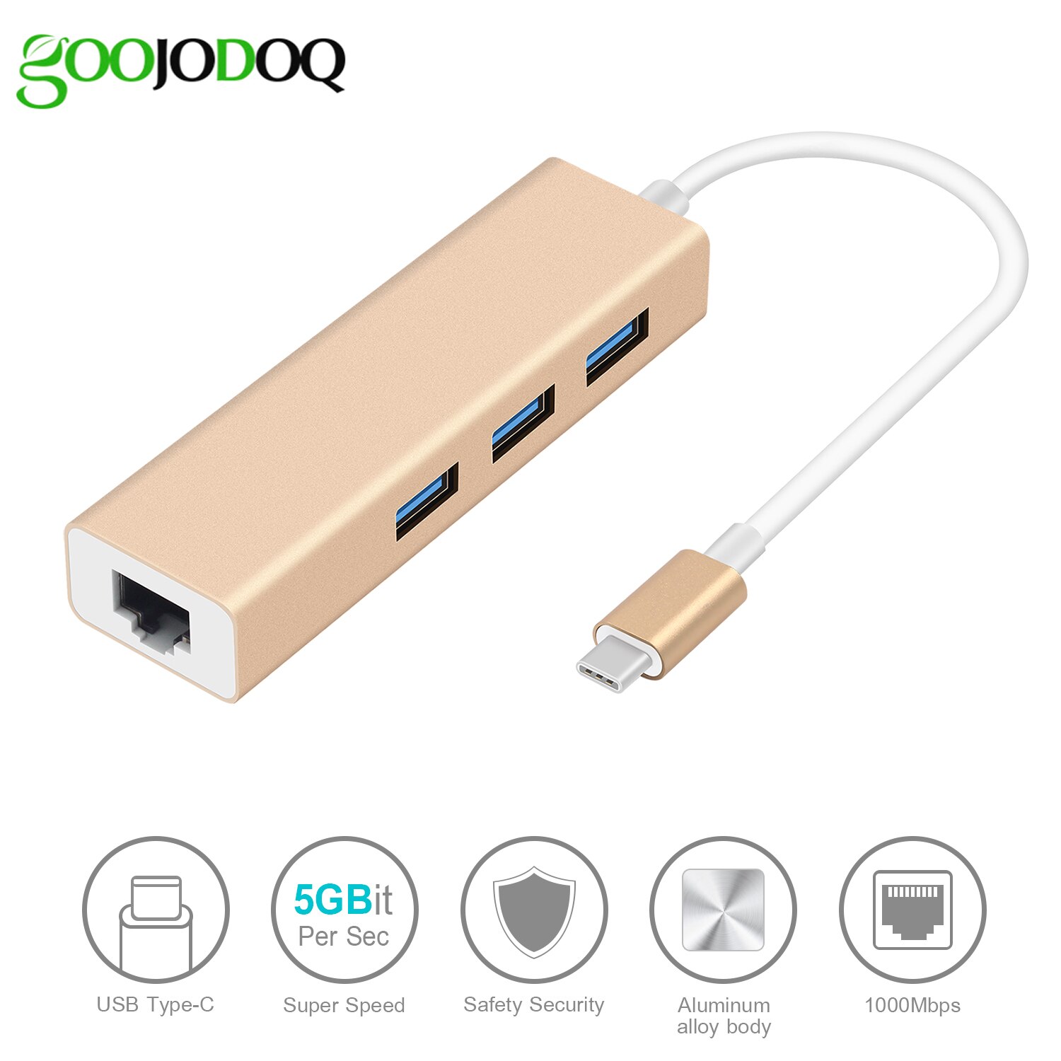 Usb c ethernet-adapter met 3 usb 3.0- hubs voor macbook pro pc, goojodoq usb type c-hub gigabit ethernet  rj45 lan usb c-hub