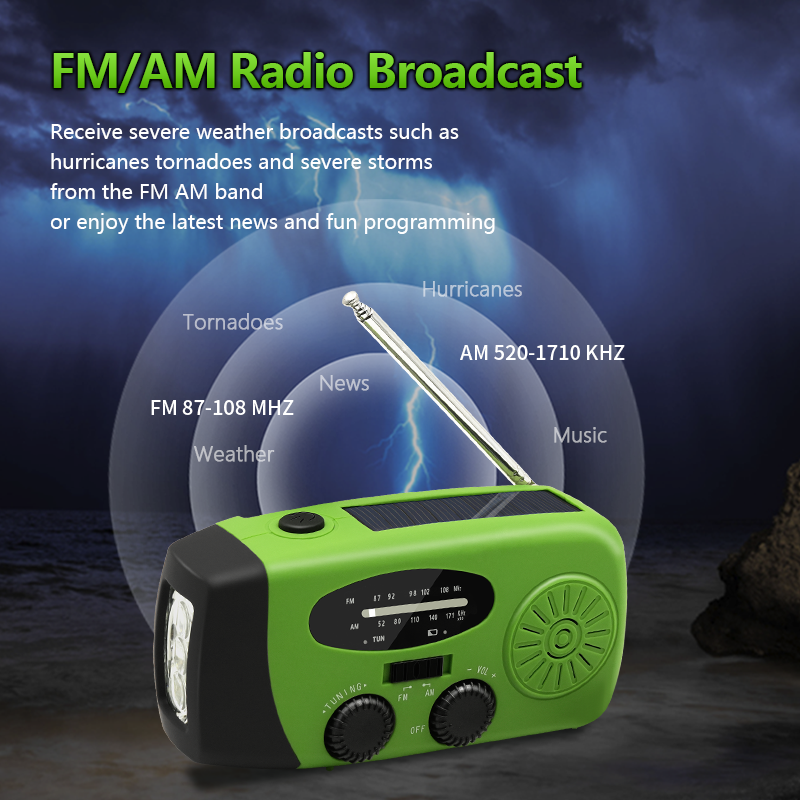 2000 mAh Radio awaryjne Wielofunkcyjne radio z korbą ręczną na energię słoneczną FM AM WB NOAA Radio pogodowe Ładowanie USB 3 latarki LED