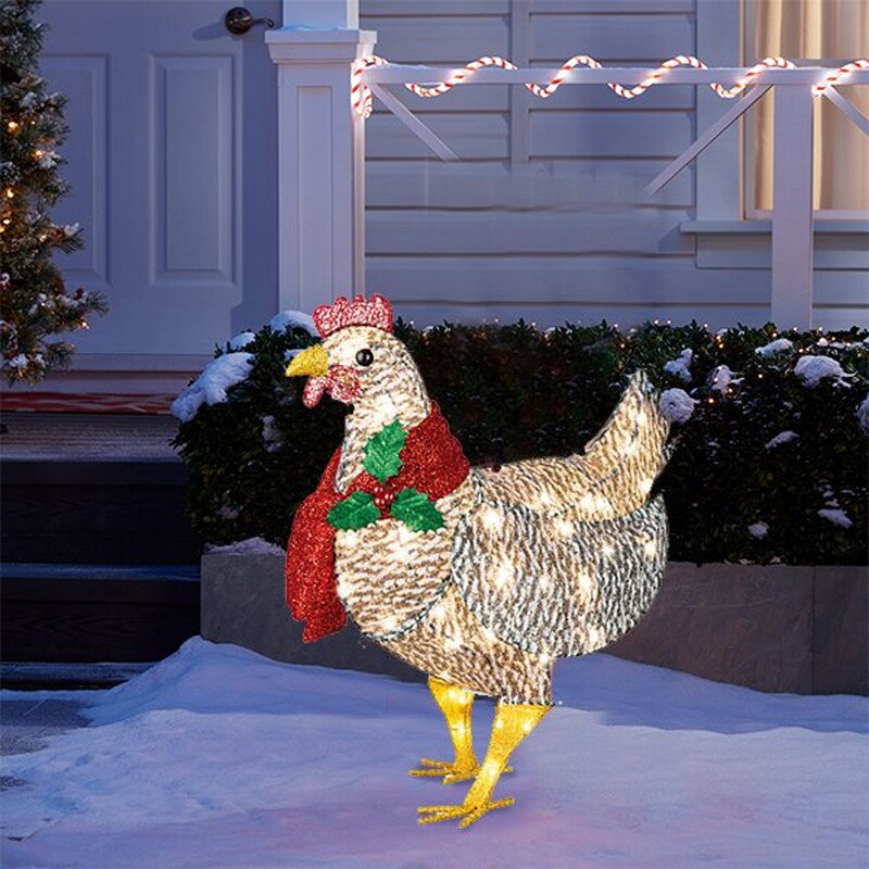 Outdoor Garden Light-Up Chicken LED Lights Christmas Decorationswith Scarf Party Flat Animals Statue Yard Ornament