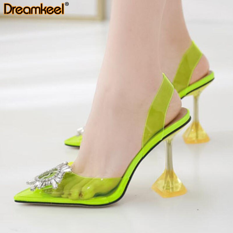 Transparante schoenen dames pumps kristallen cup hak damesschoenen hoge hak puntige neus hoge hakken feest gala schoenen sandalen r: Groente / 36