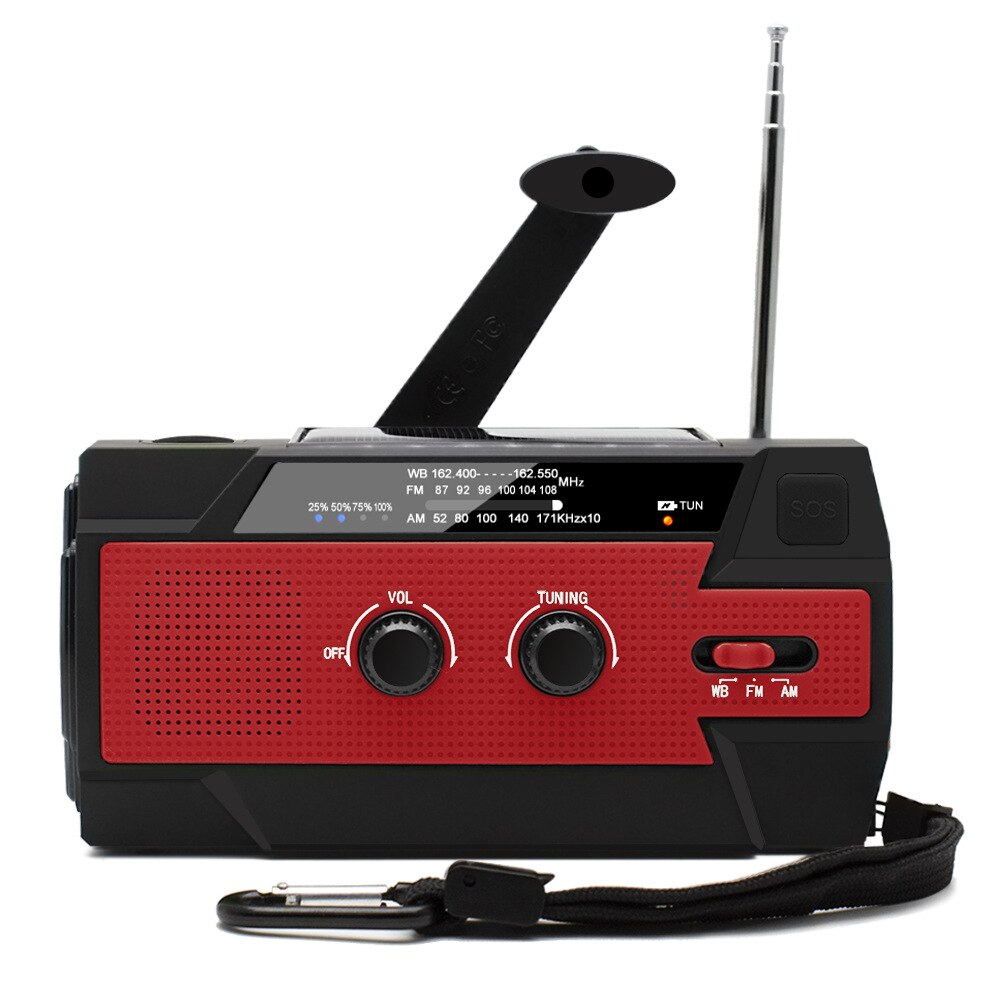 Multifunctional Radio Hand Crank Solar Crank Dynamo Powered AM/FM/WB Weather Radio with Led Lights 4000 MAh Power Bank SOS: Red