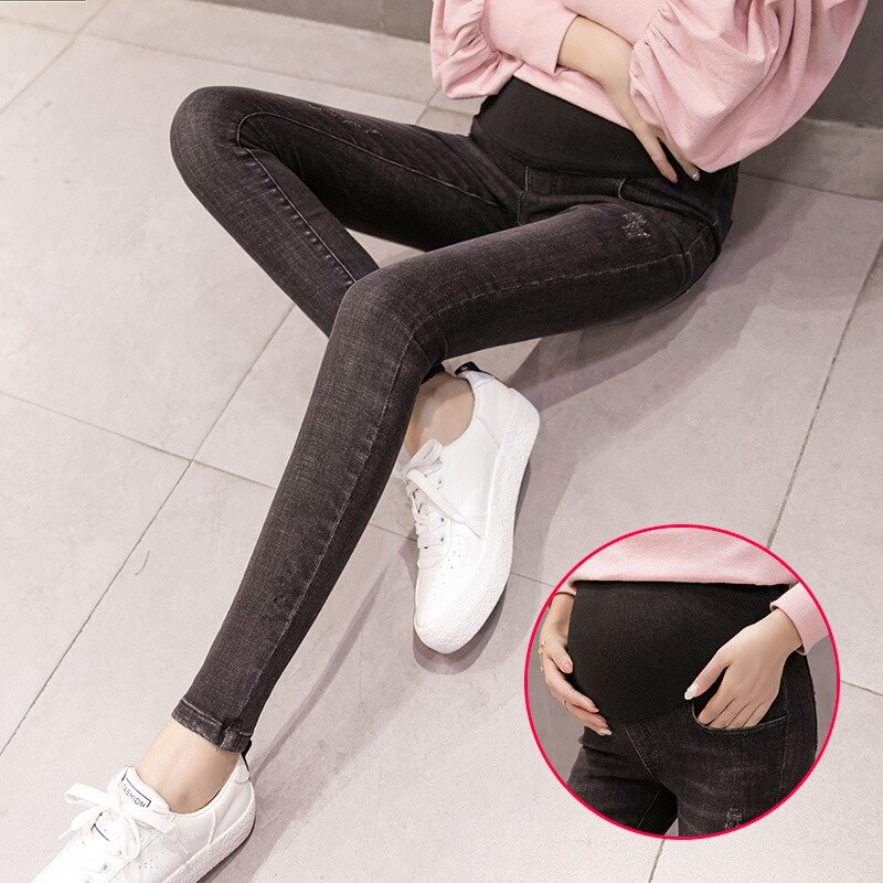 High stretch denim jeans til gravide kvinder barsel bukser denim skinny bukser tøj abdominal maternidad jeans forår: Sort / L