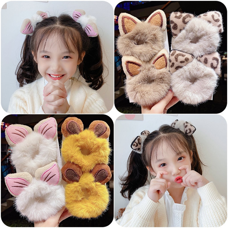 Winter Girls Cute Cartton Animals Ears Plush Scrunchie Ponytail Holder Hair Rubber Bands Headband Hair Accessories