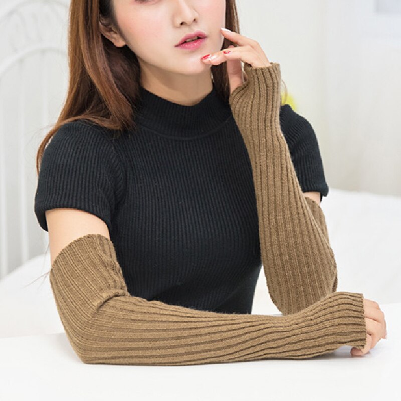 Calentadores de brazo de lana para mujer, manguitos finos largos de punto, sin dedos, informales, cálidos y suaves, guantes de mujer,
