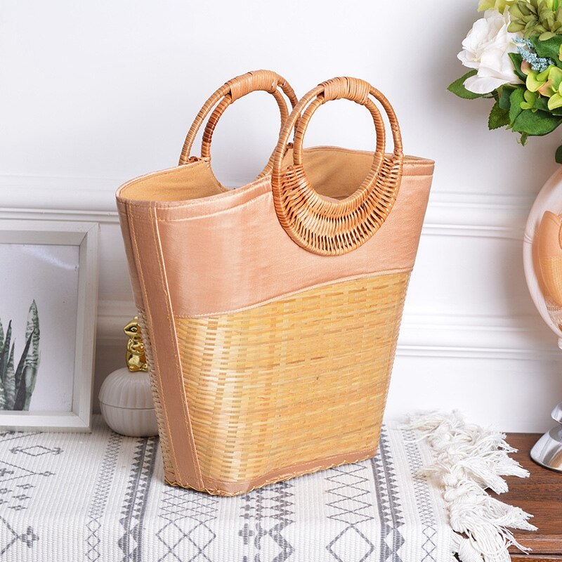 Grote Capaciteit Bamboe Geweven Handtas Mode Grote Winkelmandje Tas Vrouwen Handgemaakte Rotan Zak Cirkel Handvat Retro Strandtas