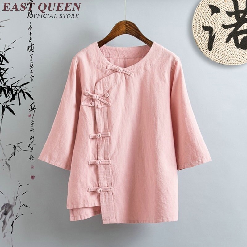 Camisa de lino ropa de mujer ropa de cheongsam chino superior estilo mandarín collar blusas color sólido camisa de lino AA2670 YQ: 2