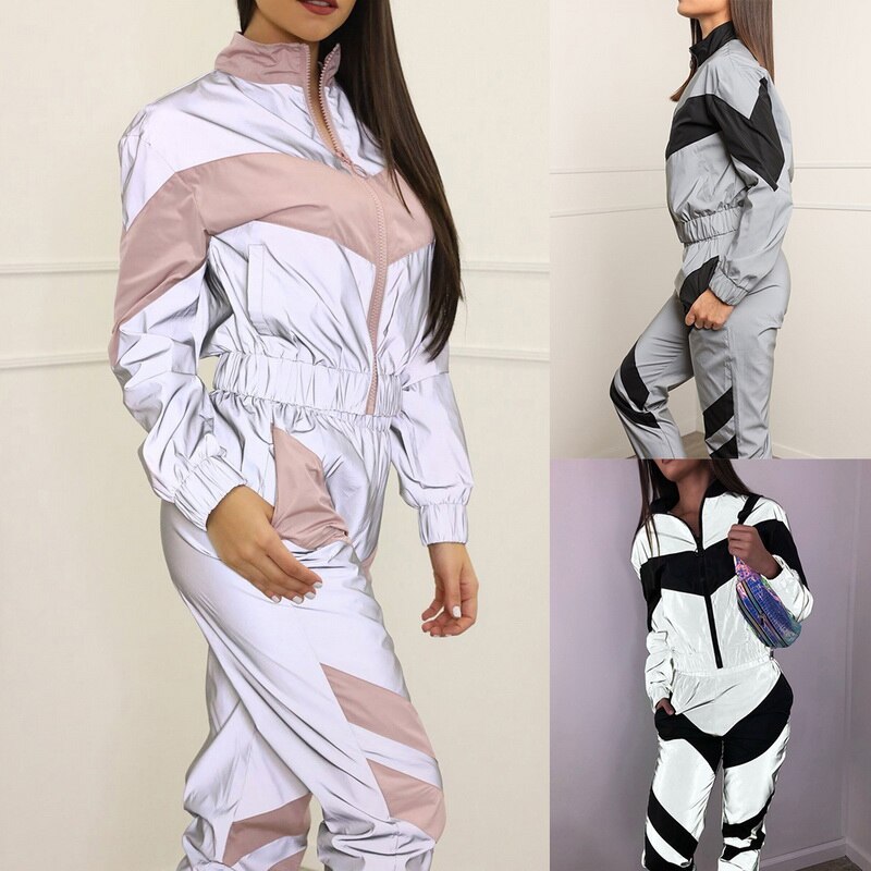 Women Reflective Tracksuit 2 Piece Outfits Sports Sets Spring Running Pants Splicing Long Sleeve Zipper Up Trench Top Suits