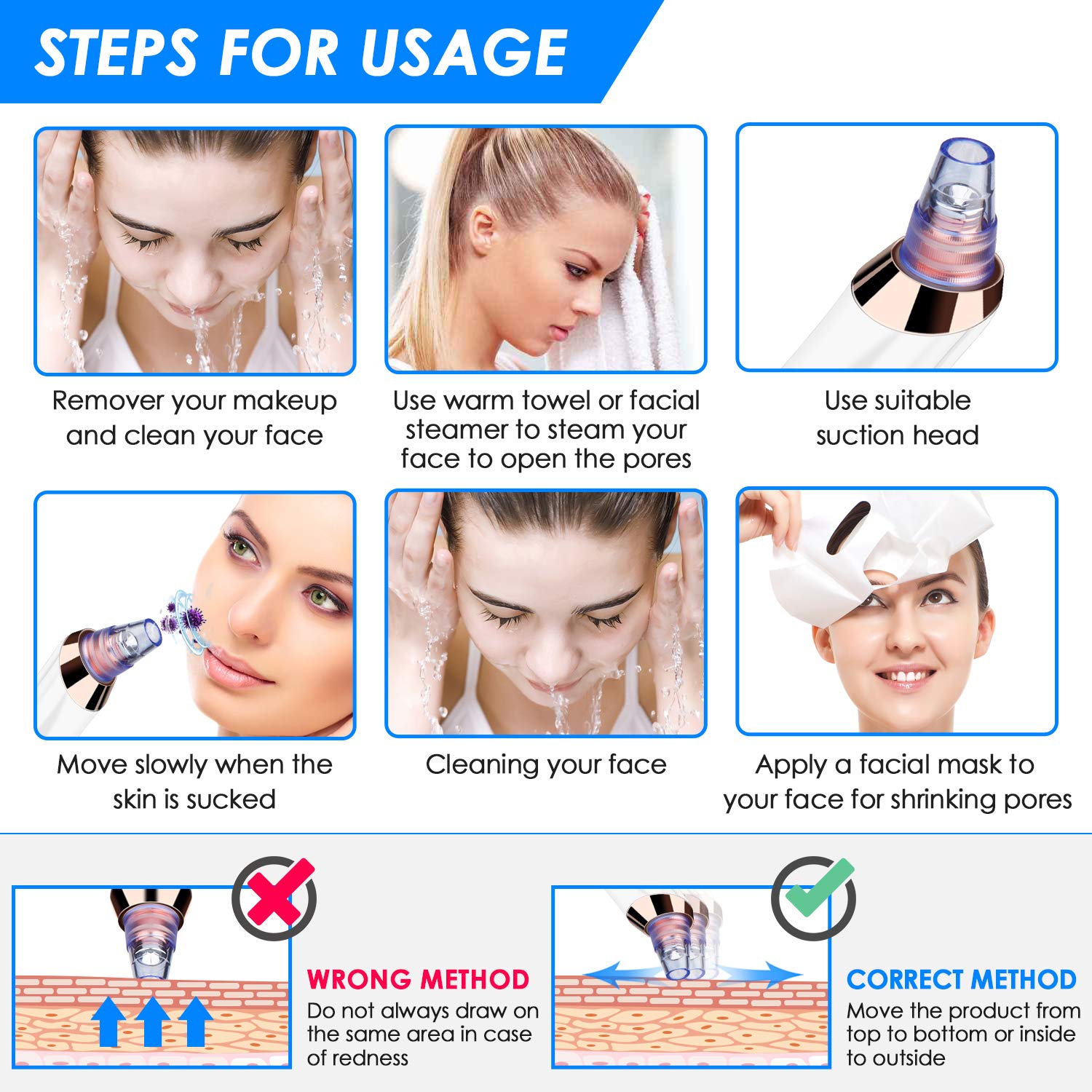 Blackhead remover Pore Vacuum 5 in 1 Blackhead Vacuum Tools Kit Electric Comedo Suction Device with 3 Adjustable Strength