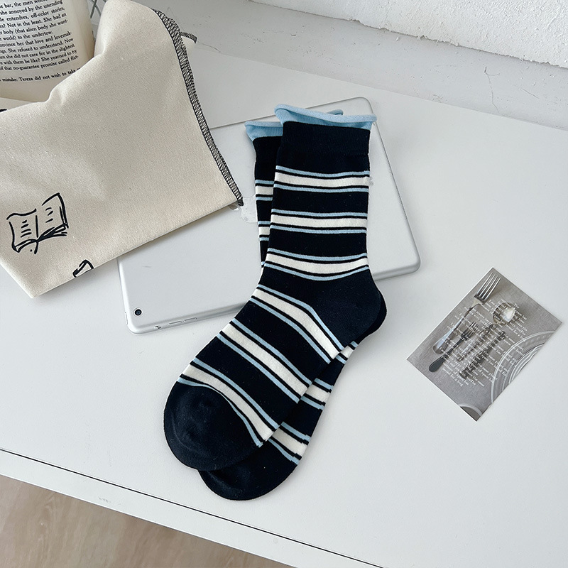 Calcetines largos de algodón para mujer, calcetines coreanos blancos transpirables de ocio para niñas, calcetines bordados para hombre, calcetines a rayas para primavera y verano para mujer: Borgoña