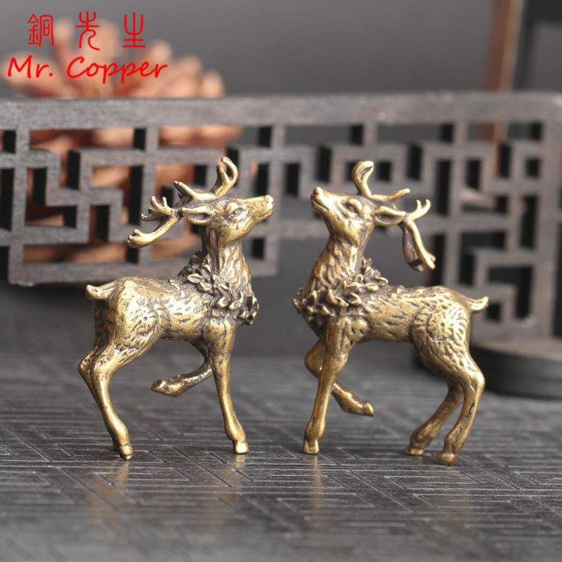 Vintage Copper Deer Ornaments 1 Pair Solid Brass Sika Deer Figurines Lucky Feng Shui Crafts Sculpture Home Office Desk Deoration